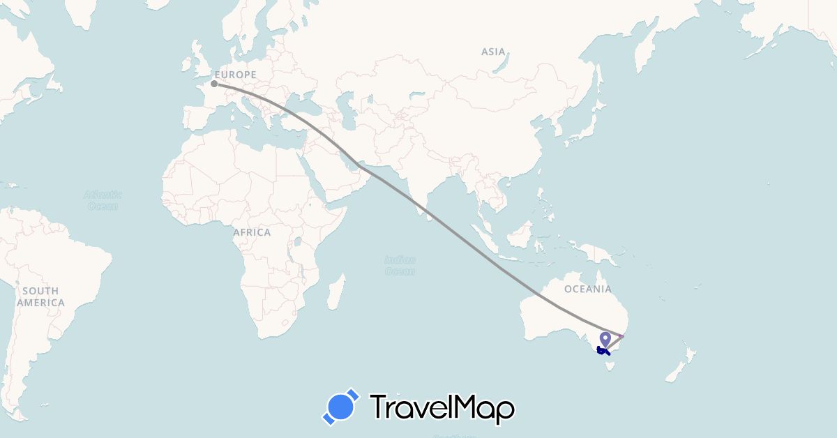 TravelMap itinerary: driving, bus, plane, train, hiking, boat in United Arab Emirates, Australia, France (Asia, Europe, Oceania)